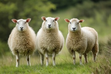 Fototapeta premium Three fluffy sheep grazing on green pasture