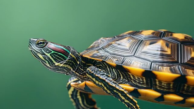 Close-up of turtle against green background, details shell and skin visible