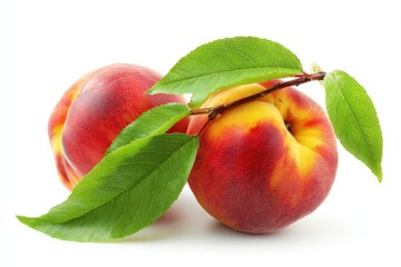Fresh juicy peaches with green leaves on white background