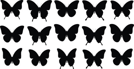 Butterfly silhouette grid, insect vector icons, black wing variations, entomology illustration, nature clipart, decorative artwork, animal design, educational graphics, pattern collection © Dilip