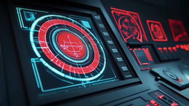 Advanced control panel creating an immersive experience with vibrant digital screens and illuminated buttons, displaying intricate data for navigation and information in a specialized environment