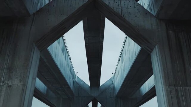 Concrete bridge overpass displaying strong geometric structures and industrial design, forming abstract patterns against the sky, symbolizing robust growth and connectivity