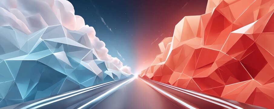 Low-poly blue and red landscape with converging highway on a futuristic geometric bridge