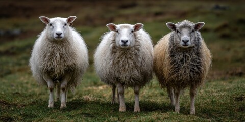 Fototapeta premium Three fluffy sheep grazing in a verdant pasture on a cloudy day