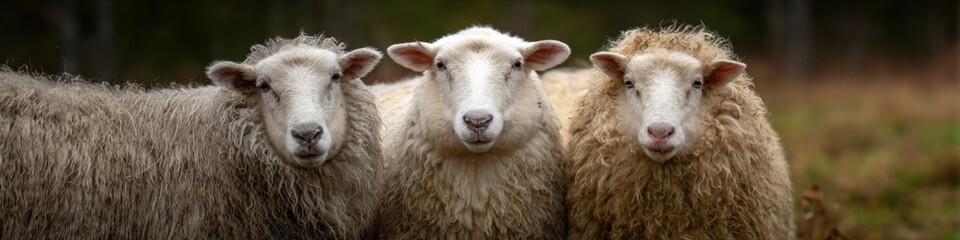 Fototapeta premium Three sheep in a pastoral landscape with soft focus on woolly coats