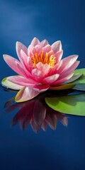 Vibrant pink water lily with green leaves reflected in calm blue water