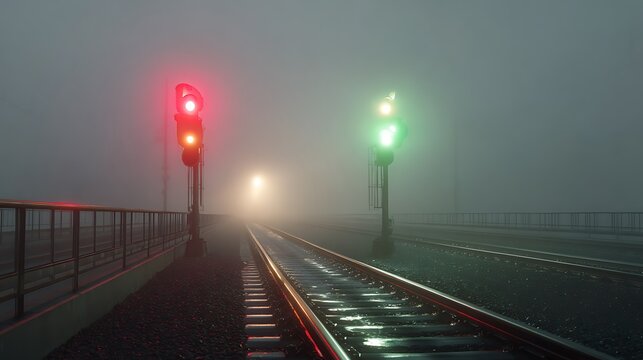 Railway tracks in thick fog at night with red and green signal lights glowing through the mist