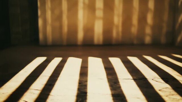 Golden hour sunbeams through a window cast parallel striped shadows and warm light across a textured interior floor, creating calm minimalist geometry and serene mood