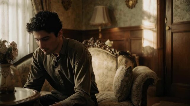 A young man sitting alone, head bowed down with a sorrowful expression on antique sofa in a room 