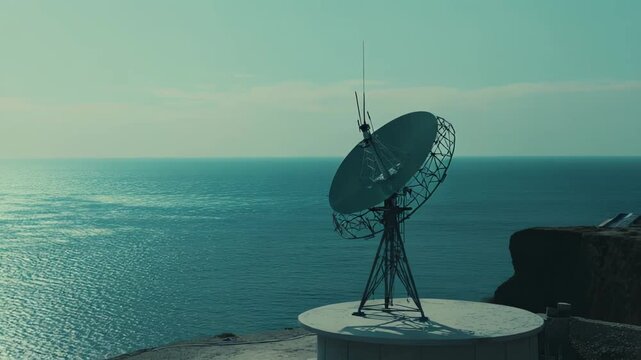 Satellite dish standing on a cliff overlooking the vast ocean, transmitting and receiving data for global communication and advancing technological connectivity worldwide
