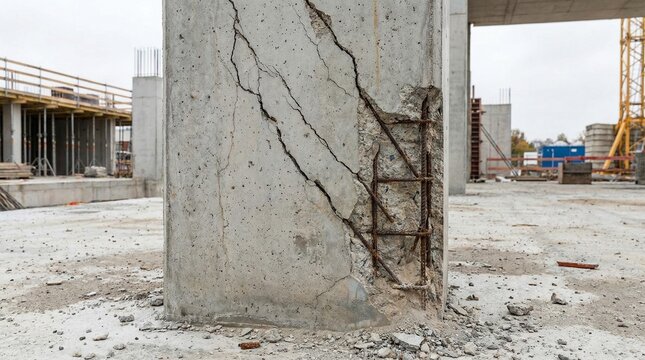 Cracked concrete pillar stands amidst construction site with damaged rebar exposed at building yard