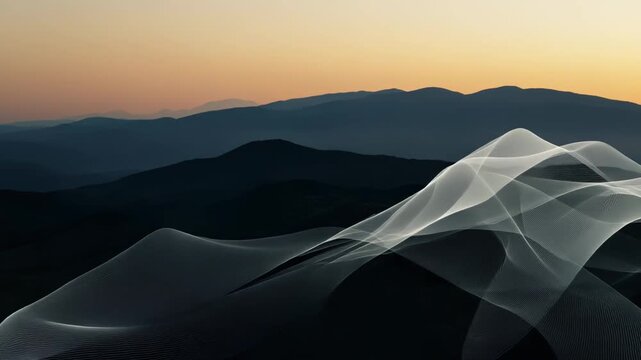 Abstract technology background creating a digital mountain landscape with flowing wavy lines, representing data flow, network connections, innovation, and futuristic concepts in a serene environment