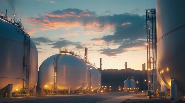 Industrial energy storage tanks brightly glowing under the dramatic sky at dusk, representing global fuel production, refinery operations, and infrastructure