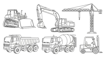 A detailed line drawing illustration of various construction vehicles including a bulldozer, excavator, crane, dump truck, cement mixer, and forklift.