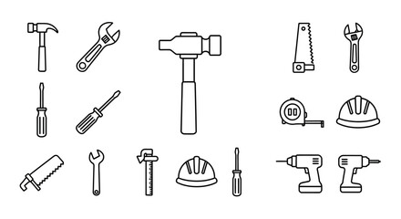 Fototapeta premium A collection of various construction and DIY tools in line art icon style on a white background.