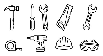 Collection of outline icons depicting various construction and repair tools including a hammer, screwdriver, wrench, saw, drill, and safety equipment.