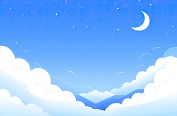 A soft gradient blue sky at twilight with a delicate white crescent moon, gentle fluffy clouds, distant mountain silhouettes, and tiny sparkling stars