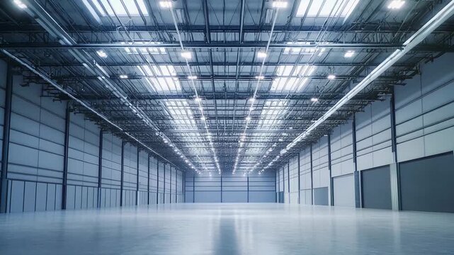 Spacious industrial distribution center featuring a smooth concrete floor, white walls, and a complex metal structure overhead with bright ceiling lights and skylights