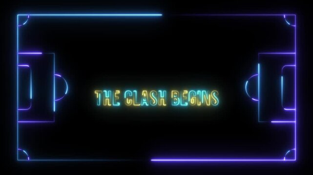 The inspiring declaration "THE GLORY AWAITS" shines brightly in neon, encompassed by a dynamic glowing outline of a sports field. 4k video