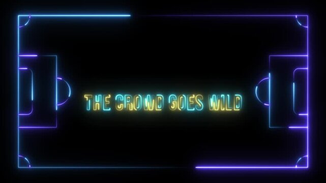 The enduring phrase "THE GAME GOES ON" glows vibrantly in neon, enclosed within a futuristic, illuminated sports field. 4k video