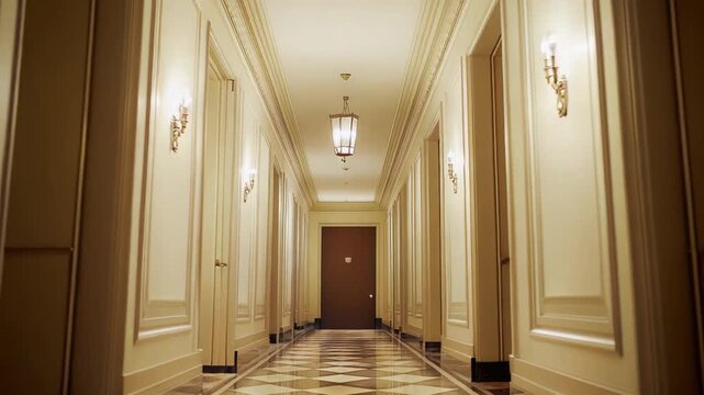 Elegant hotel hallway extending into the distance, featuring classic wall molding, shimmering light from sconces, and a polished checkerboard floor reflecting the opulent architecture