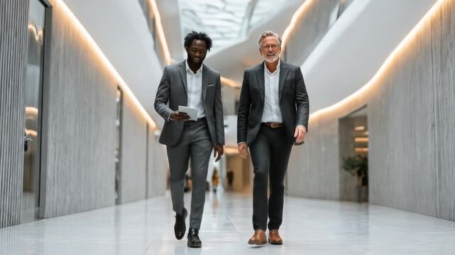 Two men in suits walking and talking in a modern interior space