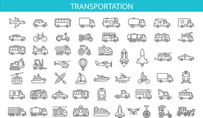 Transportation Line Icon Set with Cars, Trucks, Airplane, Train, Ship, Bicycle, Emergency Vehicles, and Public Transit Symbols for Logistics and Travel Design © icons world