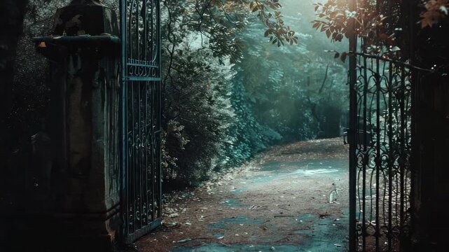 Open gate leading to shady, tree-lined path with fallen leaves