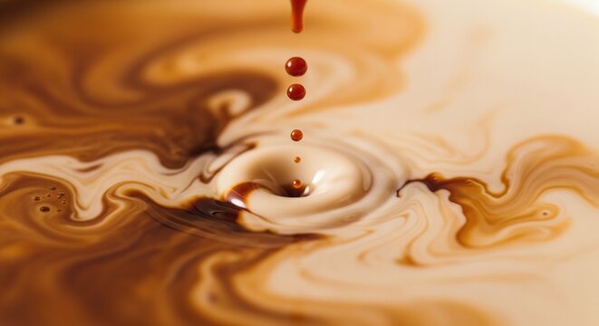 A close-up shot of coffee drops mixing with milk, creating intricate patterns and swirls. The contrast of the dark brown coffee against the creamy milk.