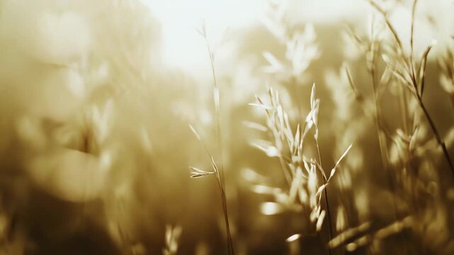 Golden dry grass in a field catching the soft warm light of sunset, creating a serene and harmonious natural background with a gentle focus and peaceful ambiance