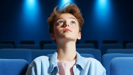 Obraz premium Young boy sitting in a movie theater looking up at the screen