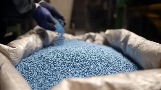 Medium shot of recycled bioplastic pellets being packaged for shipment highlighting the circular process of biobased plastic reprocessing