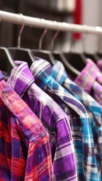 Colorful plaid flannel shirts hanging in a clothing store