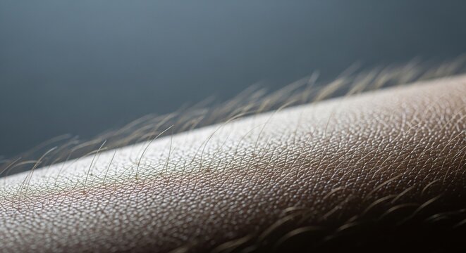 A close-up shot of human skin and hairs, with a blurred background. The hairs are raised, creating an interesting texture