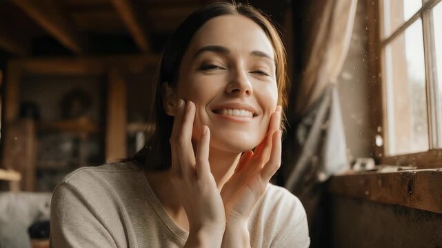 A woman's serene moment of self-care, tenderly touching her face with a tranquil smile near the window 