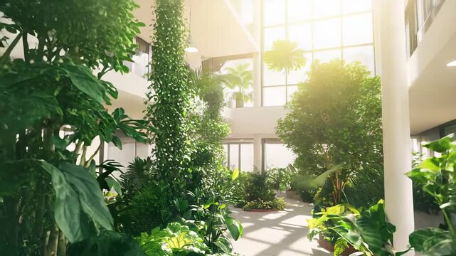 Lush green plants flourishing inside a contemporary building, creating a vibrant indoor garden space filled with natural light and promoting biophilic design principles