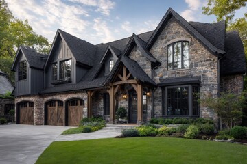 In a serene neighborhood during the late afternoon, skilled craftsmen are hard at work, skillfully constructing a house using stone and wood design elements