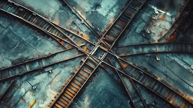 Old railroad tracks branching and connecting, forming an intricate abstract pattern on a textured concrete surface, conveying themes of direction, connection, and grunge in transportation