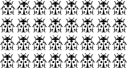 Black ladybug silhouette pattern featuring many small beetles in a repetitive grid for spring garden nature entomology and textile design, © Shahadot Creatives