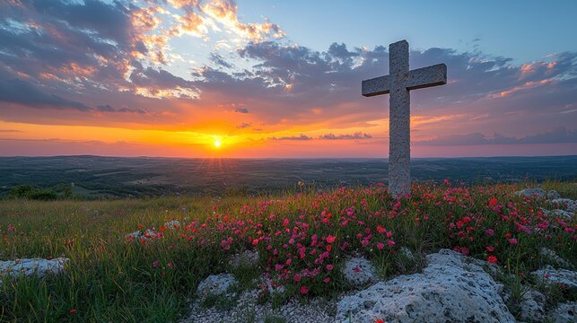 Stone cross on hilltop with wildflowers at sunset overlooking valley