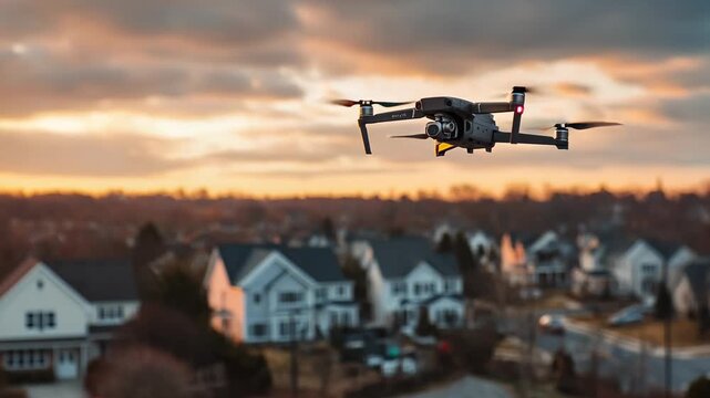 Medium shot capturing a drone conducting aerial surveillance over a suburban neighborhood at dusk highlighting advanced technology in community safety operations.