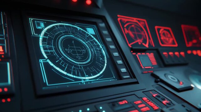 Control panel in a modern cockpit featuring illuminated digital displays and intricate user interface elements, symbolizing advanced technology and complex operational systems