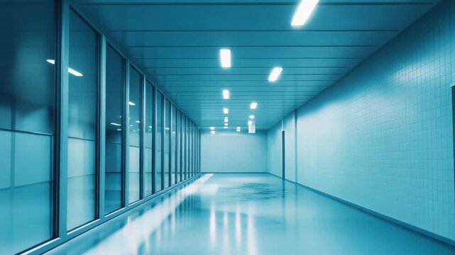 Long empty modern corridor featuring blue lighting and highly reflective flooring, suggesting a clean atmosphere within an institutional or corporate interior space
