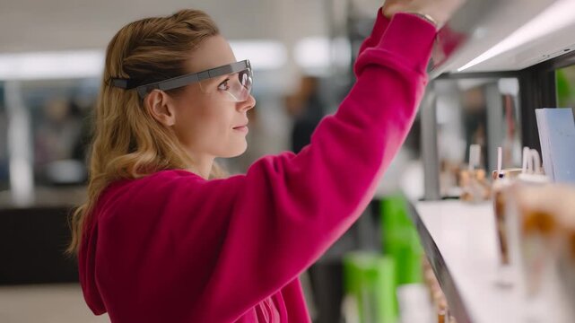Medium shot of a consumer interacting with physical product samples while eyetracking technology records visual engagement in a test setting.