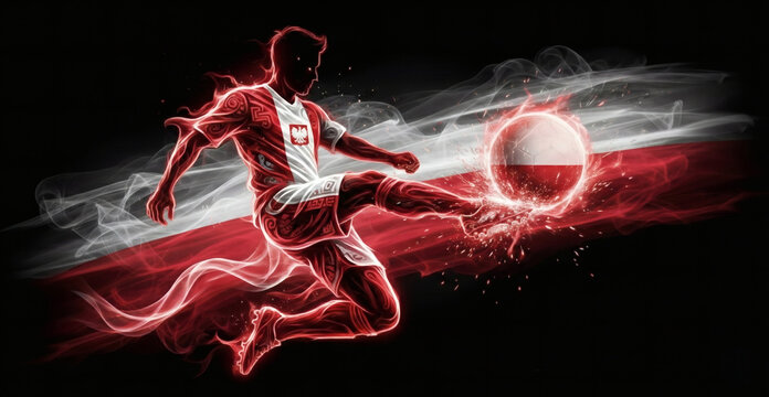 Poland soccer player volley kick, abstract neon silhouette with White Eagle and folk patterns, European football qualifier