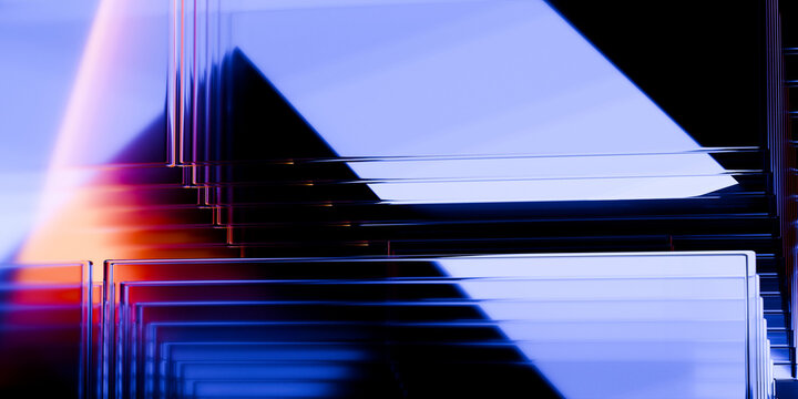 Cyber elements made of transparent glass and liquid acrylic purple blue glow on black backdrop cinematic tech background design cover art visuals 3d rendering