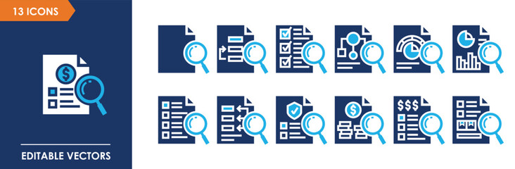 Modern Business Document File Icons Set in Flat Blue Corporate Style