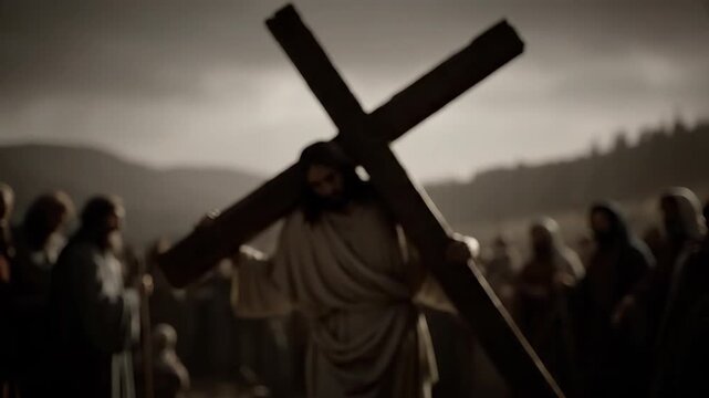 Jesus christ carrying heavy wooden cross on his shoulders through a crowded blurred landscape under a dramatic sky, concept of the way of the cross and biblical history atmosphere