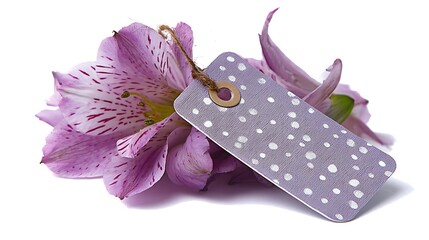 Purple alstroemeria flower with a polka dot gift tag, isolated on white background