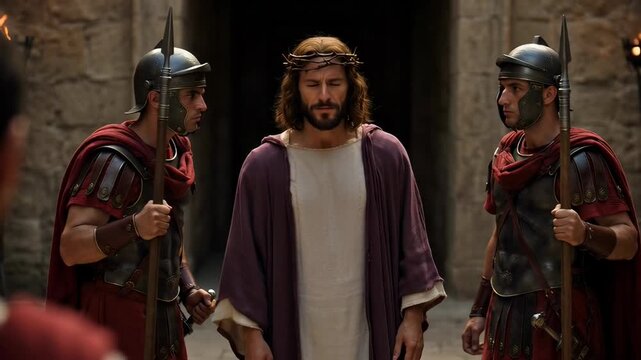 Jesus Christ wearing a crown of thorns standing between two roman soldiers with spears in a stone courtyard. Concept of the passion of christ and biblical historical drama